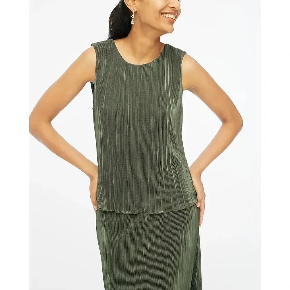New J. Crew Plisse Shell Sleeveless Top Blouse & Slip Skirt Spanish Moss Sz S